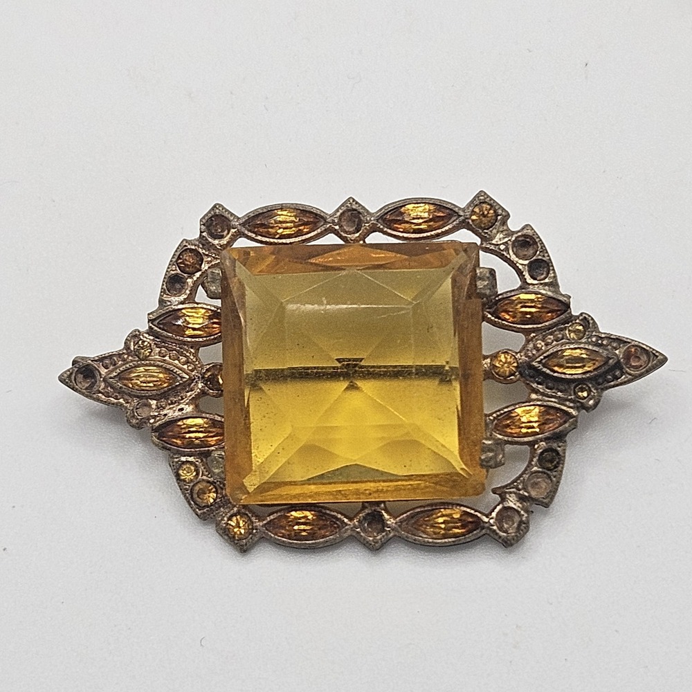Antique Czech Yellow Glass Brooch Pin Ornate Vintage READ